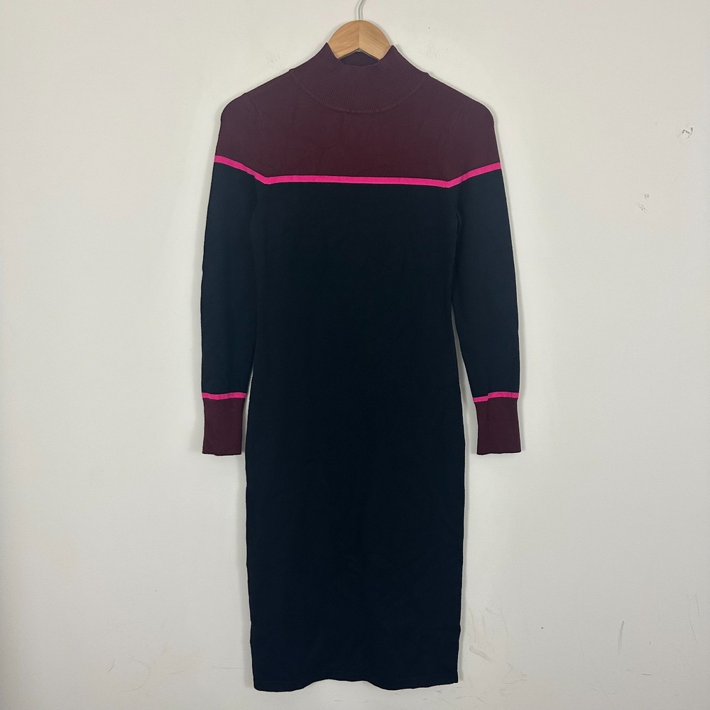 Vince Camuto Midi Sweater Dress Black Burgundy Rayon Mock Neck Chic Womens Small